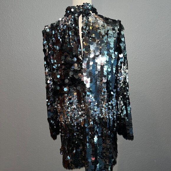 H & M Black & Silver Giant Sequin Long Sleeve High Neck Swing Dress EUC Small - Picture 4 of 16
